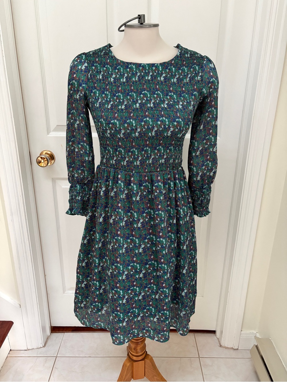 Promod Teal Floral Smocked Midi Dress ladies size 4